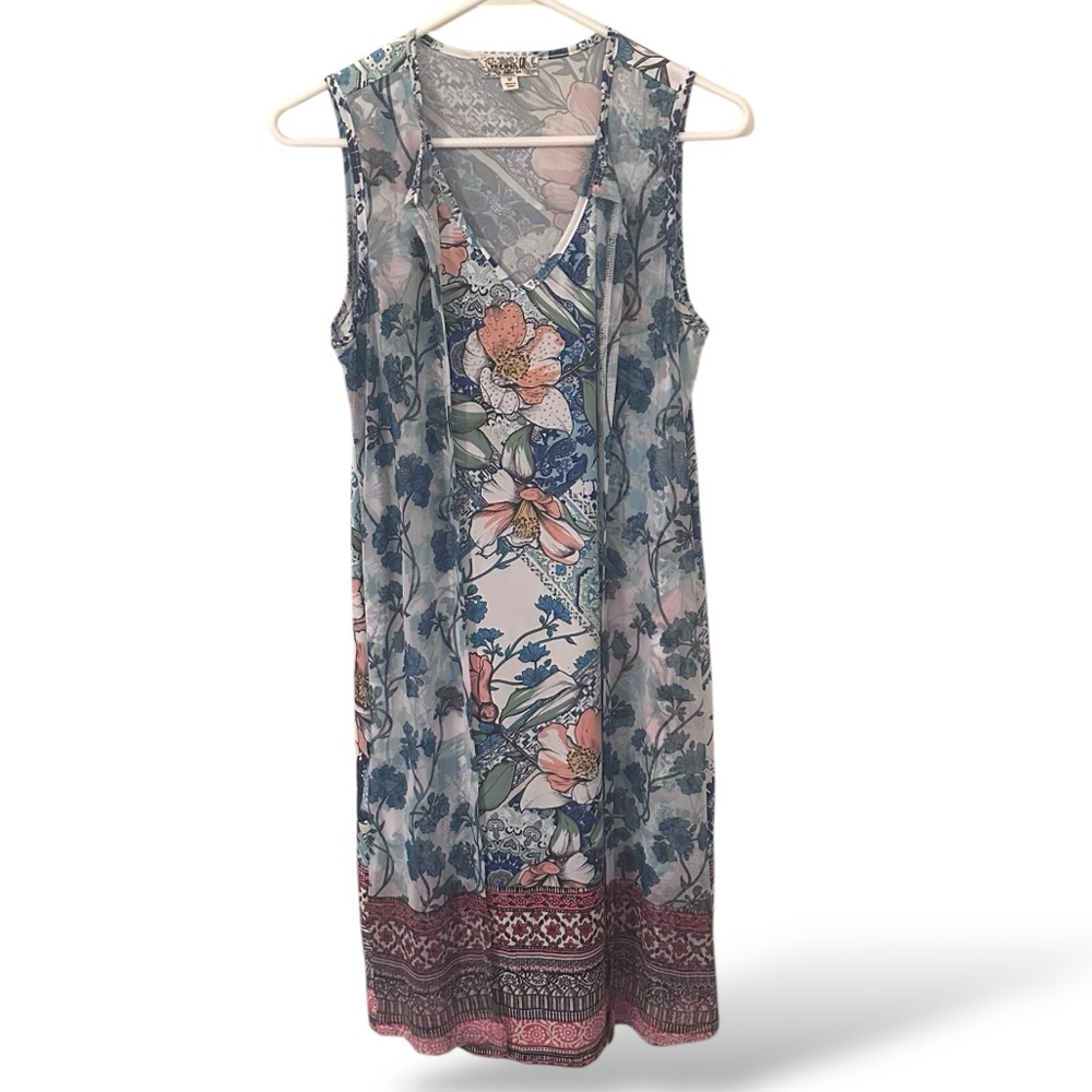NWOT One World Micro Jersey Printed Mesh Overlay V-Neck Dress - Picture 4 of 5